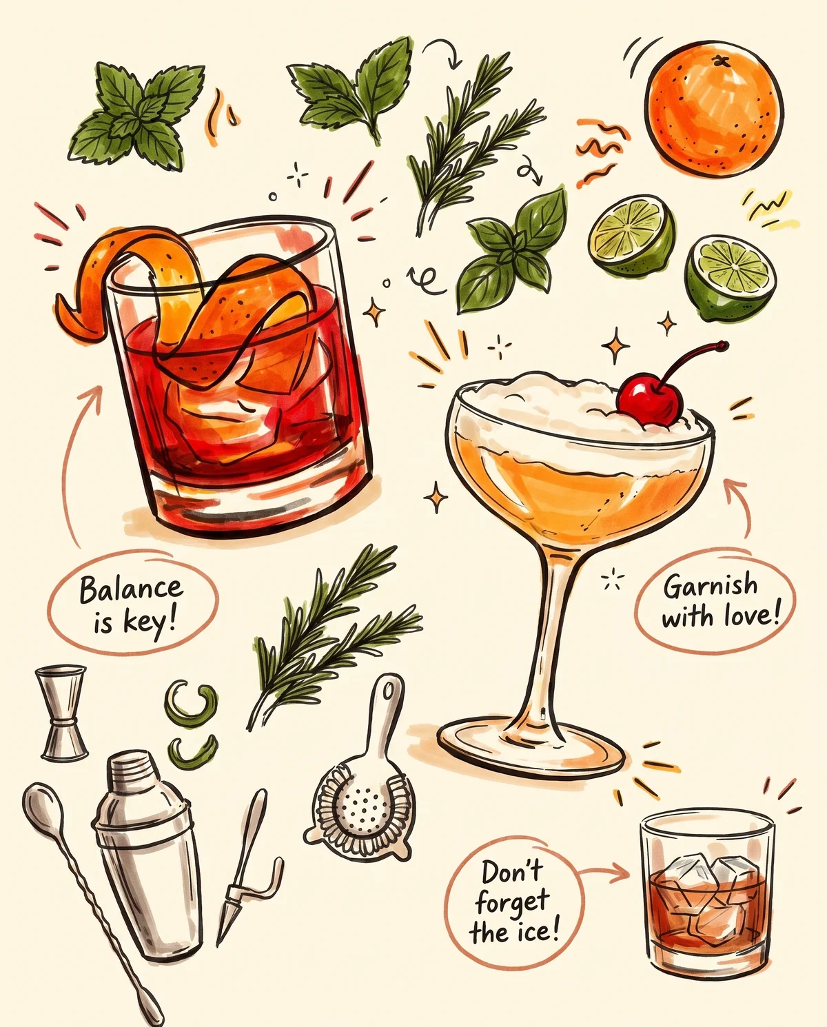 A bartender's page — a Negroni and a Whiskey Sour, drawn by hand with notes
